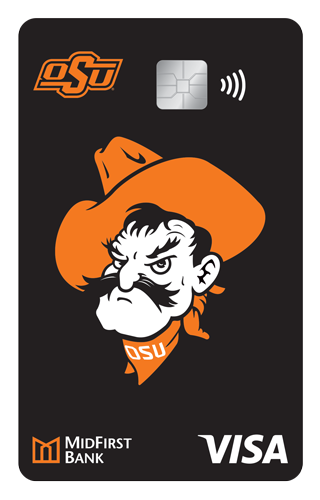 Vertical black contactless visa credit card with the Oklahoma State University logo, Pistol Pete, and a chip